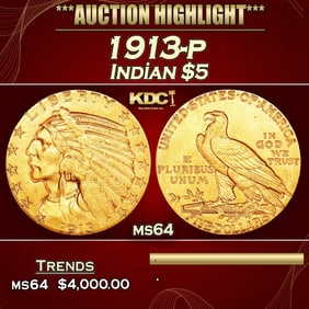 1913-p Gold Indian Half Eagle $5 ms64 USCG