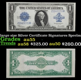 1923 $1 large size Silver Certificate Grades Choice AU Signatures Speelman/White