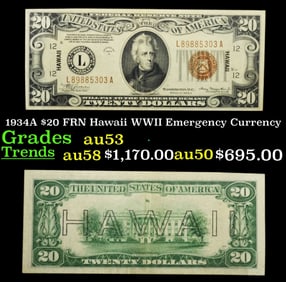 1934A $20 FRN Hawaii WWII Emergency Currency Grades Select AU