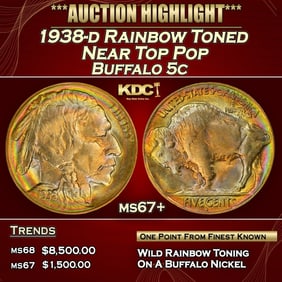 1938-d Buffalo Nickel Rainbow Toned Near Top Pop 5c ms67+ SEGS