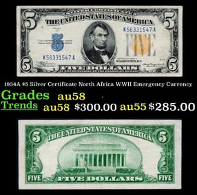 1934A $5 Silver Certificate North Africa WWII Emergency Currency Grades Choice AU/BU Slider