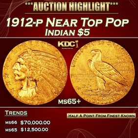 1912-p Gold Indian Half Eagle Near Top Pop $5 ms65+ SEGS