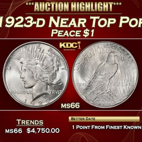 1923-d Peace Dollar Near Top Pop $1 ms66 SEGS