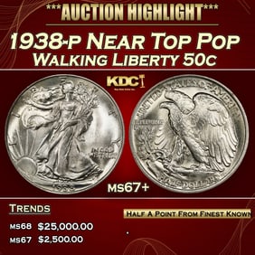 1938-p Walking Liberty Half Dollar Near Top Pop 50c ms67+ SEGS