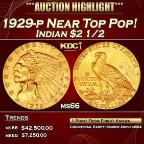 1929-p Gold Indian Quarter Eagle Near Top Pop! $2 1/2 ms66 SEGS