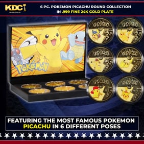 6 Coin Pokemon - Picachu Plated Gold Round Collection In Custom Box W/ Special Backer card
