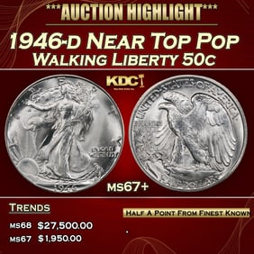 1946-d Walking Liberty Half Dollar Near Top Pop 50c ms67+ SEGS