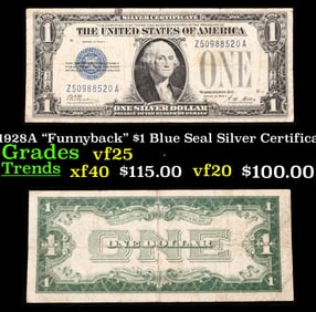 1928A $1 Blue Seal Silver Certificate "Funnyback" Grades vf+