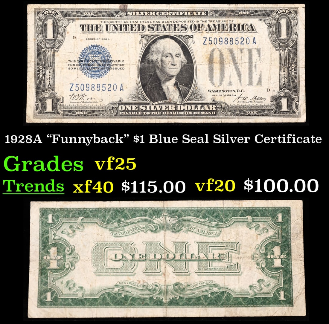 1928A $1 Blue Seal Silver Certificate "Funnyback" Grades vf+: 1928A $1 Blue Seal Silver Certificate "Funnyback" Grades vf+. FR-1601 Signatures Woods-Mellon These were the first notes to be called funnybacks. The reason they are called funnybacks is because of th