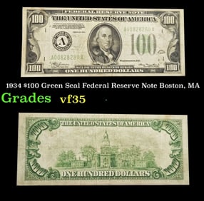 1934 $100 Green Seal Federal Reserve Note Boston, MA Grades vf++