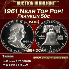 1961 Proof Franklin Half Dollar Near Top Pop! 50c pr68+ DCAM SEGS