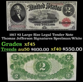 1917 $2 Large Size Legal Tender Note Thomas Jefferson Grades xf+ Signatures Speelman/White