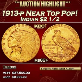 1913-p Gold Indian Quarter Eagle Near Top Pop! $2 1/2 ms65+ SEGS