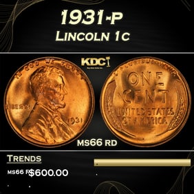 1931-p Lincoln Cent 1c Grades ms66 rd