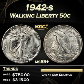 1942-s Walking Liberty Half Dollar 50c Grades ms65+