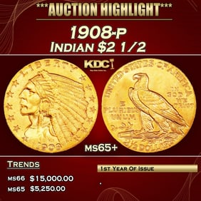 1908-p Gold Indian Quarter Eagle $2 1/2 ms65+ SEGS