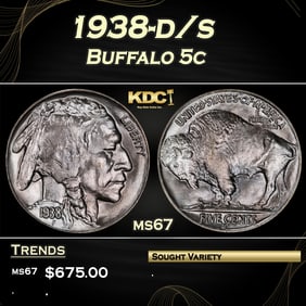 1938-d/s Buffalo Nickel 5c ms67 SEGS