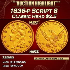 1836-p Script 8 Classic Head Gold Quarter Eagle $2 1/2 ms62 USCG