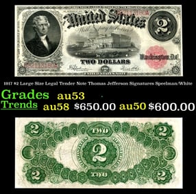1917 $2 Large Size Legal Tender Note Thomas Jefferson Grades Select AU Signatures Speelman/White