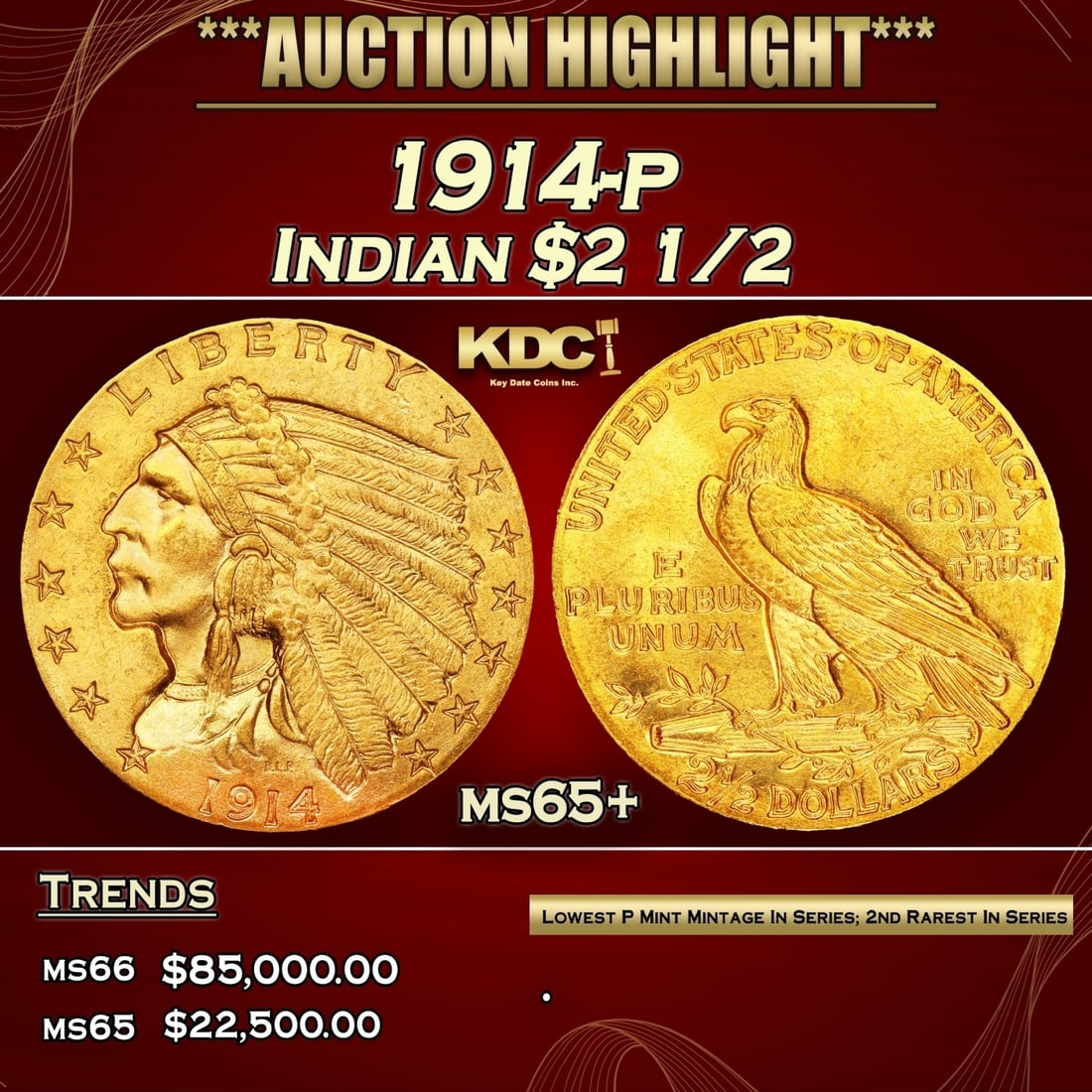 1914-p Gold Indian Quarter Eagle $2 1/2 ms65+ SEGS (1 of 4)