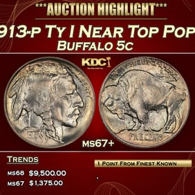 1913-p Ty I Buffalo Nickel Near Top Pop! 5c ms67+ SEGS