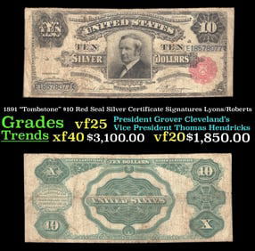 1891 Lyons/Roberts $10 Red Seal Silver Certificate Grades vf+