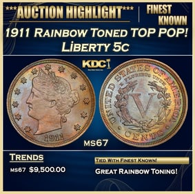 1911 Liberty Nickel Rainbow Toned TOP POP! 5c ms67 SEGS