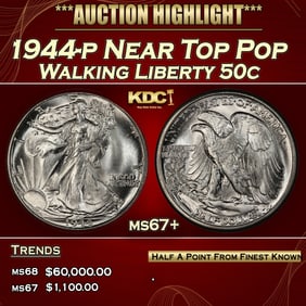 1944-p Walking Liberty Half Dollar Near Top Pop 50c ms67+ SEGS