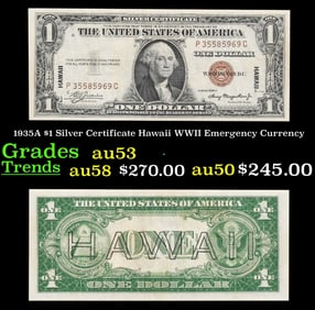 1935A $1 Silver Certificate Hawaii WWII Emergency Currency Grades Select AU