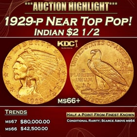1929-p Gold Indian Quarter Eagle Near Top Pop! $2 1/2 ms66+ USCG
