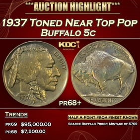 1937 Proof Buffalo Nickel Toned Near Top Pop 5c pr68+ SEGS