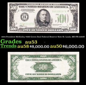 1934 FR-2201H $500 Green Seal Federal Reserve Note Grades Select AU