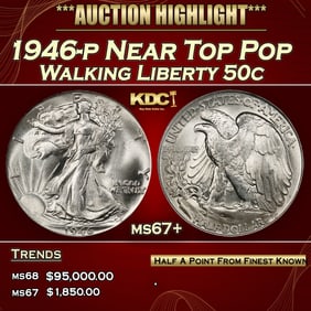 1946-p Walking Liberty Half Dollar Near Top Pop 50c ms67+ SEGS