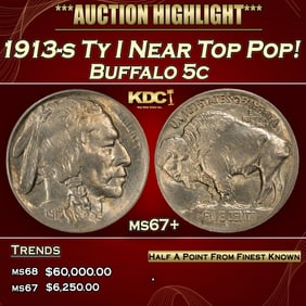 1913-s Ty I Buffalo Nickel Near Top Pop! 5c ms67+ SEGS