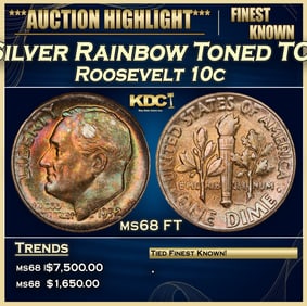 1952-p Roosevelt Dime Silver Rainbow Toned TOP POP! 10c ms68 FT SEGS