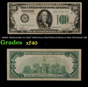 1928A $100 Green Seal Federal Reserve Note Cleveland, OH Grades xf