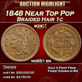 1848 Braided Hair Large Cent Near Top Pop 1c ms66+ bn SEGS
