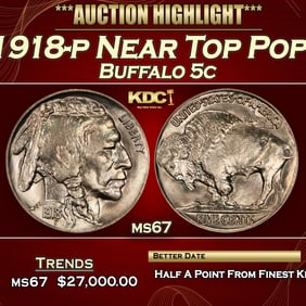 1918-p Buffalo Nickel Near Top Pop! 5c ms67 SEGS