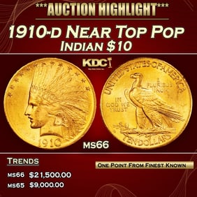 1910-d Gold Indian Eagle Near Top Pop $10 ms66 SEGS