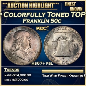 1949-p Franklin Half Dollar Colorfully Toned TOP POP! 50c ms67+ fbl SEGS
