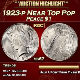1923-p Peace Dollar Near Top Pop $1 ms67 SEGS