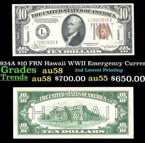 1934A $10 FRN Hawaii WWII Emergency Currency Grades Choice AU/BU Slider