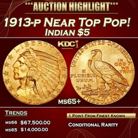 1913-p Gold Indian Half Eagle Near Top Pop! $5 ms65+ USCG
