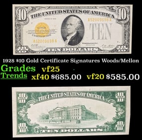 1928 $10 Gold Certificate Grades vf+