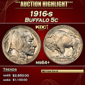 1916-s Buffalo Nickel 5c ms64+ SEGS