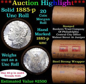 Full solid date 1885-p Uncirculated Morgan silver dollar roll, 20 coins