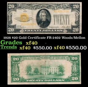 1928 $20 Gold Certificate Grades xf