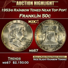 1953-s Franklin Half Dollar Rainbow Toned Near Top Pop! 50c ms67 SEGS