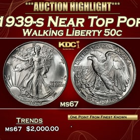 1939-s Walking Liberty Half Dollar Near Top Pop 50c ms67 SEGS