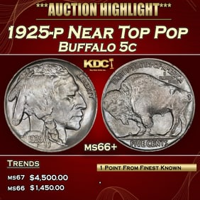 1925-p Buffalo Nickel Near Top Pop 5c ms66+ SEGS
